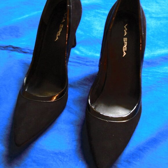 VIA SPIGA BLACK SUEDE HIGH HEEL SHOES-8.5M-NEW-W/LEATHER ACCENT-W/ORIGINAL BOX - Picture 3 of 13